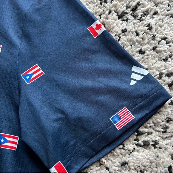 Adidas Polo Shirt Navy Blue North America Flags Print Mazda Logo Men’s Large - Picture 7 of 13